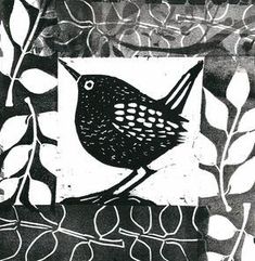 a black and white drawing of a bird sitting on a branch with leaves in the background