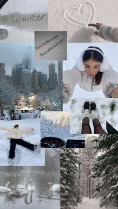 the collage shows many different scenes in snow and trees, with one woman laying on her stomach