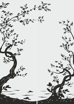 two black and white images of trees in the grass with water behind them, one has a bird perched on it's branch