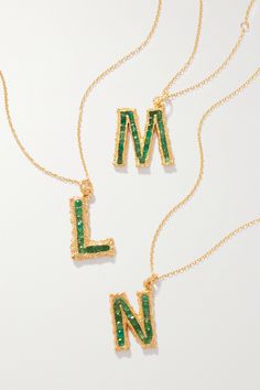 "Our designs are distinctly defined by natural forms and shapes," says Pacharee. The brand's 'Alphabet' necklace is plated with gold and dotted with vibrant emeralds. Wear a single letter or layer them to spell out your initials. Forms And Shapes, Jewelry Mood Board, Letter Necklace Initials, Alphabet Jewelry, Alphabet Necklace, Letter Jewelry, Jewelry Appraisal, Single Letter, Jewelry Accessories Ideas