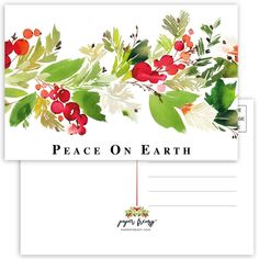 a postcard with the words peace on earth written in red, green and white