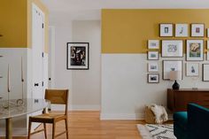 How Abigail Horace Adds Color Into Every Space—Even If It's a Neutral Multi Color Painted Walls, Painting Bottom Half Of Wall, Color Block Gallery Wall, Two Tone Walls Living Room, Wall Two Colors, Half Painted Wall Living Room, Tv Wall Painting Design, Two Tone Living Room Walls, Two Tone Room