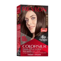 Revlon Colorsilk Permanent Hair Color Dye Dark Soft Brown #33 NEW!! About this item SALON QUALITY PERMANENT AT-HOME HAIR DYE: Convenient hair color kit for at-home use co-developed with salon experts for long-lasting results KERATIN ENRICHED HAIR COLOR: Nourishing, ammonia-free hair color formula is infused with Keratin and Silk Amino Acid to leave hair in better condition than before you colored it 100% GRAY COVERAGE: Revlon’s 3D Color Gel Technology delivers rich, natural-looking, multidimensi Long Lasting Hair Color, Ammonia Free Hair Color, How To Dye Hair At Home, Revlon Colorsilk, Xmas Wishlist, 3d Color, Hair Color Formulas, Beautiful Hair Color, Gray Coverage