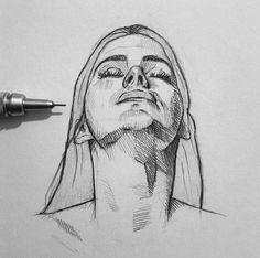 a pencil drawing of a woman's face with her eyes closed and nose open