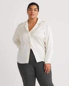 This notch collar blouse features washable silk with a bit of stretch for extra comfort. It has a relaxed, slim fit with a clean and crisp look for an everyday appeal. Perfectly made to be layered or worn solo. Perfect Blouse, Silk Camisole, Quarter Zip Sweater, Notch Collar, Just Run, Beautiful Blouses, Collar Blouse, Notched Collar, Plus Size Blouses