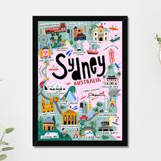 a framed poster with the words sydney on it