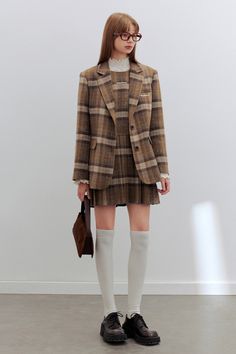 Plaid Spray Short Dress – IN.YOUR Winter Short Dress Outfit, Checkered Blazer, Thick Heel Shoes, Sleeveless Short Dress, Sleeveless Dresses, Brand Guide, Brown Plaid, Striped Blazer, Girly Fashion