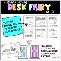 a poster with some notes on it and the words, editable post - it desk fairy