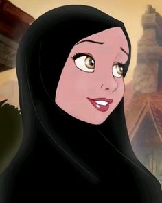 an animated image of a woman with long black hair wearing a hijab and looking at the camera