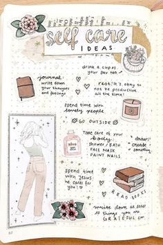 an open notebook with drawings and writing on the pages that says self - care ideas