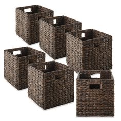 set of six woven storage baskets with handles in dark brown wicker, 7x5x4