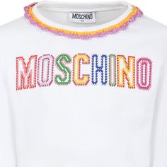 Color: White White sweatshirt in brished cotton, crew-neck, long sleeves, ribbed crew-neck, hem and cuffs. It is embellisged with multicolor embroidered logo and multicolor lace on the hem, neck and cuffs. 100% Polyester. Washing machine at 30°. White Logo Print Sweater For Spring, White Sweater With Logo Print For Spring, Multicolor Cotton Sweater With Ribbed Cuffs, White Ribbed Collar Sweatshirt For Spring, Long Sleeve Tops With Embroidered Logo For Spring, Spring Long Sleeve Tops With Embroidered Logo, Multicolor Cotton Tops With Ribbed Cuffs, Spring White Sweater With Embroidered Logo, Multicolor Logo Print Sweatshirt For Winter