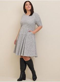 Plus Size - Mini Studio Double Knit Skater Dress - Torrid Mini Studio, Black Chiffon Blouse, Knit Skater Dress, Tiered Blouse, Ruffle Maxi Skirt, Trendy Plus Size Fashion, Structured Dress, Dress Closet, Collared Shirt Dress