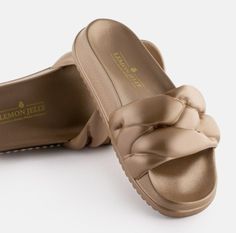 Lemon Jelly - Cocoon-Bronze Metal Slides Cute Jumpsuits, Beige Ankle Boots, Ladies Slides, Lemon Jelly, Jelly Slides, Lemon Scent, As You Like It, Metal Slide, Women Slides