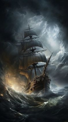 a painting of a ship in the ocean with storm clouds and lightning coming up behind it