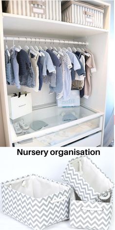 an organized nursery closet with chevron baskets and baby clothes hanging on the rails,