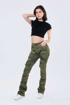 Details Fit: Nova - High Rise, Stacked Fit Color: Clover Green Material: 97% Cotton / 3% Spandex Style: AP24720EC Military Style Fitted Bottoms For Streetwear, Fitted Military Style Bottoms For Streetwear, Fitted Full-length Grunge Pants, Fitted Full Length Grunge Pants, Green Fitted Casual Parachute Pants, Fitted Green Cargo Bottoms, Grunge Mid-rise Bottoms With Cargo Pockets, Fitted Green Cargo Style Bottoms, Stretch Mid-rise Parachute Pants With Cargo Pockets