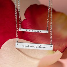 This elegant Script font personalized name plate silver necklace is one of our best selling necklace. Great for birthday, friendship, mother's day and bridesmaids gift. Width 31mm x Height 5mm Adjustable chain: 17-19in (43-48cm) Laser Engraving Sterling Silver Spring clasp closure Hypoallergenic, lead and nickel free #253S Name Plates For Home, Personalized Name Plates, Elegant Script Fonts, Plate Necklace, Silver Bar, Solitaire Necklaces, Metal Engraving, Silver Bars, Engraved Necklace