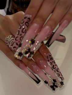 Long Acrylic Nails Black Design, Bling Bday Nails, Long Cheetah Nails, Boujie Nail Designs, Blinged Out Nail Sets, Deep French Tip Acrylic Nails, Frenchie Nail Ideas, Jaguar Nail Designs, Long Blinged Out Nails