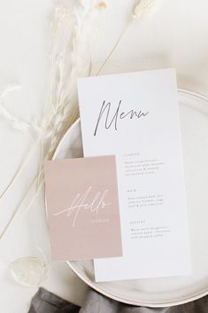 Boho white wedding menu with camel coloured place name Boho Wedding Name Place Cards, Menu With Name Card, Wedding Menu And Place Card, Wedding Menu With Guest Name, Neutral Tones Wedding, Wedding Inspiration Neutral, Menus Design, Beach Wedding Menu