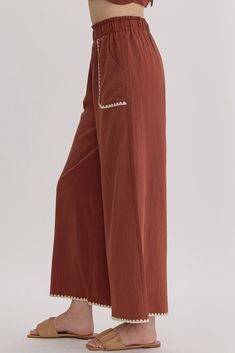 High waisted wide leg pants featuring trim detail. Elastic waistband, pocket at sides. Lined, woven, non-sheer, lightweight.49% rayon, 34% polyester, 17% nylon. True to size, I am an 8/10 wearing a medium. Small 4-6Medium 8-10Large 12-14 High Waisted Wide Leg Pants, Pants Large, Trim Detail, Chestnut, Dress Accessories, Leg Pants, Wide Leg Pants, Wide Leg, High Waisted