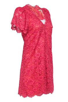 Go lush in lace with this absolutely adorable frock from Rebecca Taylor! Made with a delicate floral lace design in a vibrant coral hue, this puff sleeve beauty is perfect for your next swanky springtime soiree. You’ll be looking garden party glam when you pair this with wedges and a colorful clutch, enjoying mimosas on the patio in no time! Size 6 Shell: 65% Rayon, 35% Nylon Lining 1: 100% Polyester Lining 2: 100% Silk Concealed back zipper Lined Shift silhouette V-neckline Cap puff sleeves All Pink Scalloped Lace Dress For Garden Party, Feminine Pink V-neck Lace Dress, Pink V-neck Lace Dress With Lace Trim, Pink Delicate Lace Dress For Spring, Spring Pink Delicate Lace Dress, Pink Spring Lace Dress With Delicate Details, Pink Lace Dress For Garden Party, Summer Pink Dresses With Delicate Lace, Pink V-neck Lace Dress