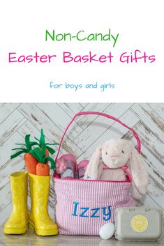 an easter basket with toys and gifts for boys and girls