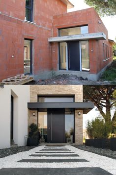 the front and side of a house with steps leading up to an entry door, and another photo of a modern home under construction