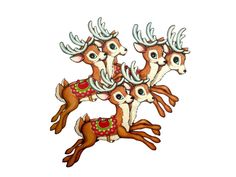 three reindeers with antlers on their heads are depicted in this hand painted illustration