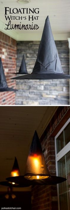 three different pictures of witches hats on top of each other and the words floating witch's hat luminaries above them