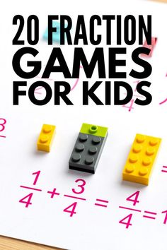 legos are sitting on top of a sheet of paper with the words, 20 fraction games for kids