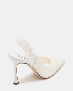 BRI White Lace Slingback Pump Heel | Women's Heels – Steve Madden Chic Bow Slingback Pumps For Wedding, Elegant White Slingback Pumps With Bow, White Evening Heels With Bow Straps, Chic White Slingback Pumps With Bow, White Pointed Toe Heels With Bow Straps, White Heels With Bow Straps For Formal Occasions, Formal White Heels With Bow Straps, White Formal Slingback Pumps With Wrapped Heel, Formal White Slingback Pumps With Wrapped Heel