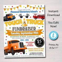 this is an image of a flyer for a truck birthday party with handprints on it