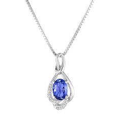 "Adorned with oval-cut tanzanite and diamond accents, this sterling silver pendant offers distinctive style.PENDANT DETAILSPendant size: 18 mm x 9 mmChain length: 18 in.Chain type: cableClasp: spring ringMetal: sterling silverPlating: rhodiumFinish: polishedPackaging: boxedSTONE DETAILSStone type: tanzaniteCenter stone size: 7 mm x 5 mmShape: ovalSetting: prongDIAMOND DETAILSTotal weight: less than 1/10 ct.Shape: roundSetting: prongGemstones may have been treated to enhance their appearance. Spe Clear Crystal Necklace, Tanzanite Diamond, Silver Pendants, Sterling Silver Pendant, Metal Rings, Spring Rings, Sterling Silver Pendants, Crystal Necklace, Pendant Jewelry