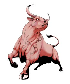 a drawing of a bull with horns on it's back legs and one eye open