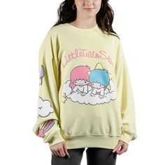 Stay warm and cozy as you celebrate your favorite characters with this Twin Stars sweatshirt. The shirt features an image of Lala and Kiki on a cloud under pink puff print that reads, "Little Twin Stars." Images of clouds and rainbows decorate the right sleeve. The sweatshirt comes in a yellow long sleeve crew neck. Fans of the Twin Stars characters will love this comfy and cozy sweatshirt. Star Clothing, Puff Print, Twin Stars, Little Twin Stars, Cozy Sweatshirts, Perfect Shirt, French Terry, Cool Shirts, Apparel Accessories