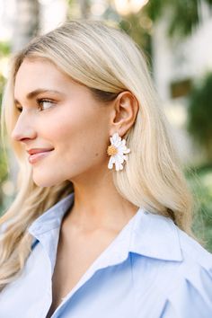 These half flower earrings could not be more adorable! They are the perfect earrings for spring! They are going to style well with eveything! Chic White Flower Drop Earrings, White Flower-shaped Trendy Earrings, Chic White Flower-shaped Earrings, Trendy White Flower-shaped Earrings, Chic Spring Jewelry With Flower Charm, White Daisy-shaped Jewelry For Spring, White Daisy-shaped Spring Jewelry, Chic Spring Flower Earrings For Pierced Ears, Spring Flower Earrings For Pierced Ears