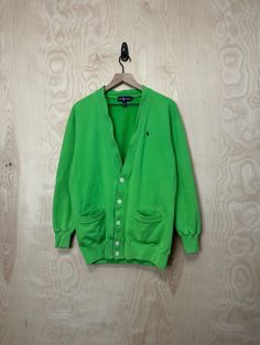 Medium 80% Cotton 20% Acrylic Pit to Pit 23" Back Collar to Bottom 27 1/2" Sleeve Length 22" Stain on front (see pictures) Button Up Cardigan, Vintage Ralph Lauren, Green Cotton, Lime Green, Sweat Shirt, Favorite Outfit, Gender Neutral, Art Collection, Button Up