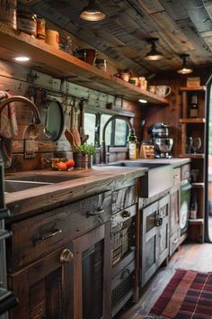 a kitchen with wooden cabinets and hanging pots