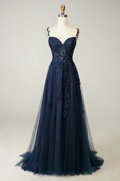 A-Line Homecoming Dresses Dress Graduation loog Sleeveless Spaghetti Strap Tulle with Appliques Blue A Line Prom Dress, Blue Glitter Prom Dress, Prom Dresses Dark Blue, Prom Dresses Navy Blue, Dark Blue Prom Dresses, Navy Prom Dress, Dark Blue Prom Dress, Straight Wedding Dresses, Cassie Howard