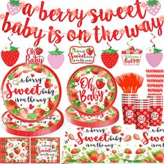 strawberry themed baby shower party supplies including plates, cups and napkins