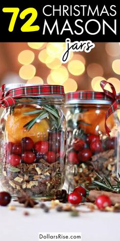 two mason jars filled with fruit and nuts on top of a table next to christmas lights