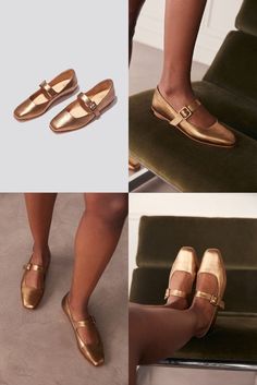 The Eugenia Flat is a modern interpretation of the classic mary jane flat featuring a square toe, angular topline and oval-shaped heel. This pair is crafted from metallic bronze kidskin leather and a matching buckle. Mary Jane Flats, Salvatore Ferragamo Flats, Slip On Sandal, Mary Janes, Buckle, Sandals, Square, Heels, Leather