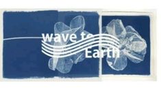 the wave to earth logo is shown in white on blue paper with an image of a flower