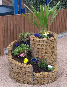 there is a garden in the middle of a circular planter made out of bricks