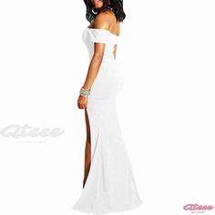 Qteee - Seductively Stylish Monochrome Off-Shoulder Split Dress White Off-shoulder Maxi Dress For Night Out, White Off-shoulder Maxi Dress For Evening, White Off-shoulder Evening Maxi Dress, White Stretch One-shoulder Maxi Dress, Split Dress, Sleeve Type, Off Shoulder, Types Of Sleeves, Split