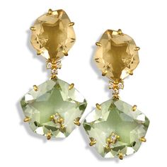 Lemon citrine over prasiolite set in 18k yellow gold with diamonds (.14 tcw). Handmade in Brazil.Measures ⅝" w x 1⅛" h. Lemon Jewelry, Lady Kenna, Pastel Jewelry, Smoky Quartz Earrings, Lalique Crystal, Citrine Jewelry, Citrine Earrings, Gold Monogram, Earrings Drop