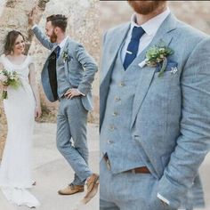 (eBay) Find many great new & used options and get the best deals for Blue Linen Men's Suits 3 Pieces Slim Fit Summer Wedding Groom Party Tuxedos at the best online prices at eBay! Free shipping for many products! Male Wedding Party Attire, Grey Blue Tuxedo Wedding, Groom Suit Ideas Blue, Mens Suit Colors For Wedding, Mens Light Blue Suit Wedding, Silver Groomsmen Attire, Light Blue Suit Wedding Groom Attire, Timeless Wedding Suit, Dusty Blue Wedding Suit Grooms