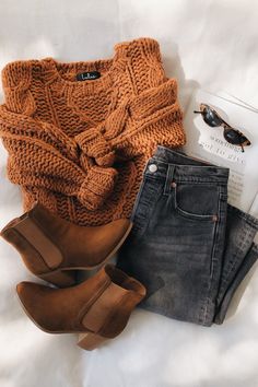 This chunky cable knit sweater and brown booties are essential for fall outfits. These essentials are not only versatile, but warm and cozy. #lovelulus Brown Cable Knit Sweater, Knitting Amigurumi, Chunky Cable Knit Sweater, Simple Fall Outfits, Sweater Crochet, Brown Booties, Cute Fall Outfits, Crochet Knitting, Cable Knit Sweater