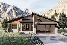 this is an artist's rendering of a house in the mountains with grass and flowers